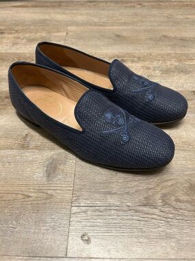 Stubbs & Wootton Mens Size 11.5 Navy Woven Embroidered Skull Loafers Shoes
